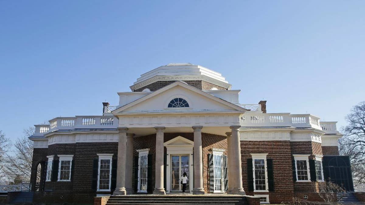 FILE - In this Feb. 7, 2014 file photo, Thomas Jefferson's Monticello home is seen in Charlottesville, Va. The first part of a restoration project that was launched two years ago with a $10 million gift from Washington philanthropist David Rubenstein will be unveiled Saturday. (AP Photo/Steve Helber, File)