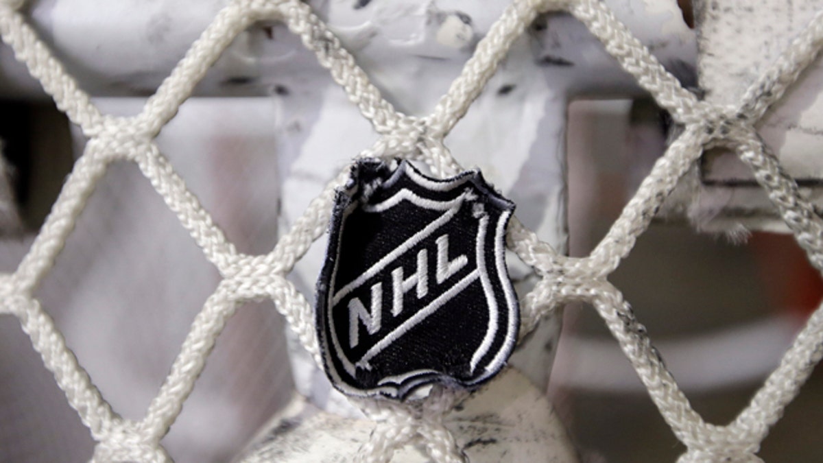 Sept. 17, 2012: The NHL logo is seen on a goal at a Nashville Predators practice rink in Nashville, Tenn. (AP)