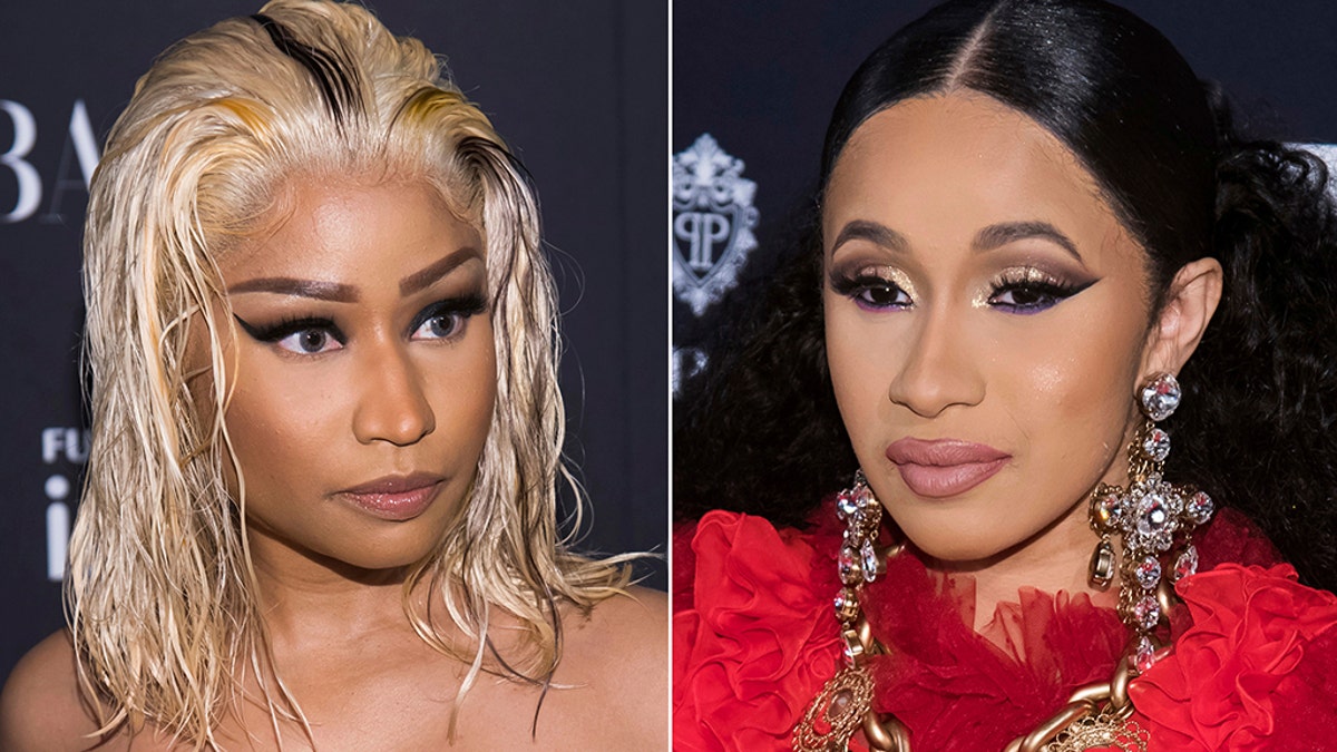 This combination photo shows Nicki Minaj, left, and Cardi B at the Harper's BAZAAR 