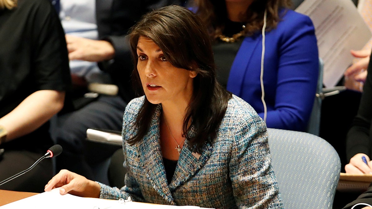 United States Ambassador to the United Nations Nikki Haley addresses the U.N. Security Council on Syria during a meeting of the Council at U.N. headquarters in New York, U.S., March 12, 2018. REUTERS/Mike Segar - RC1A0BA8FB40