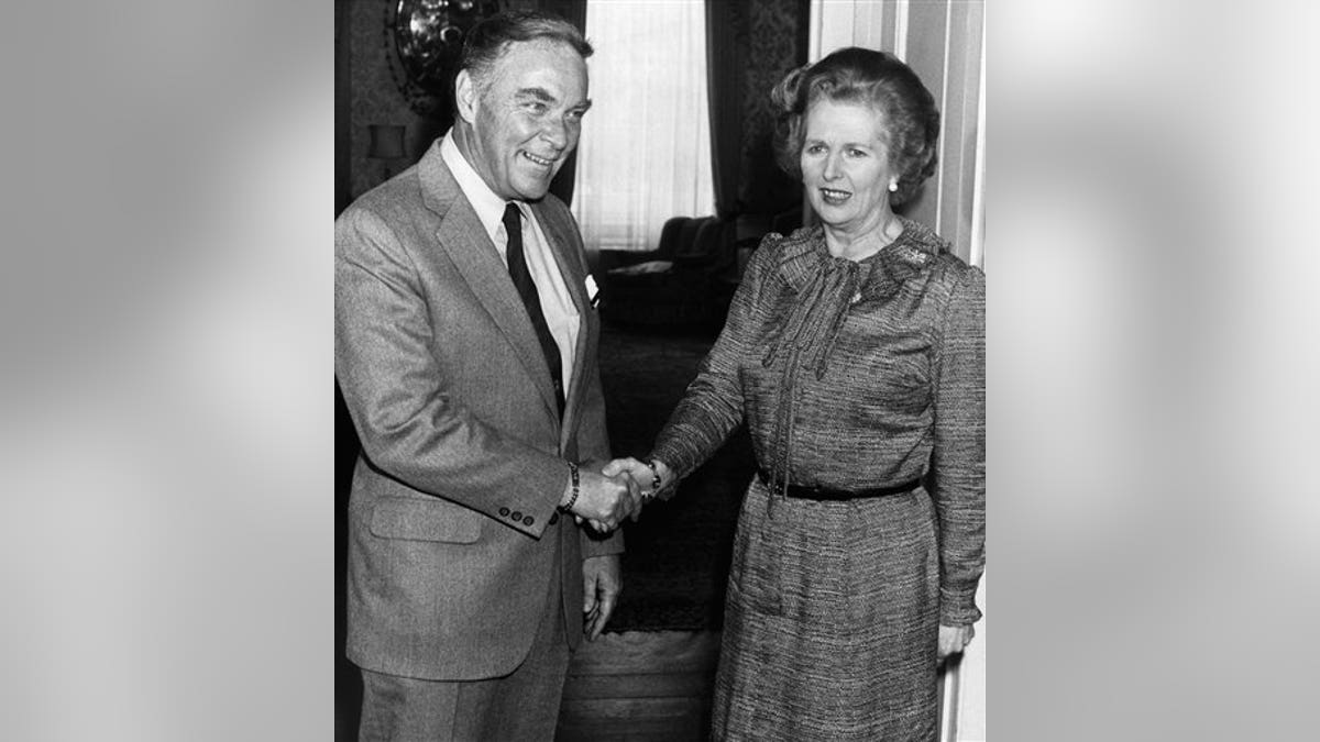 FILE - In this April 10, 1981 file photo, Premier Margaret Thatcher greets U.S. Secretary of State General Alexander Haig at No. 10 Downing Street, London. Haig, who served Republican presidents and ran for the office himself, has died, Saturday, Feb. 20, 2010. He was 85. (AP Photo/Press Association, File)