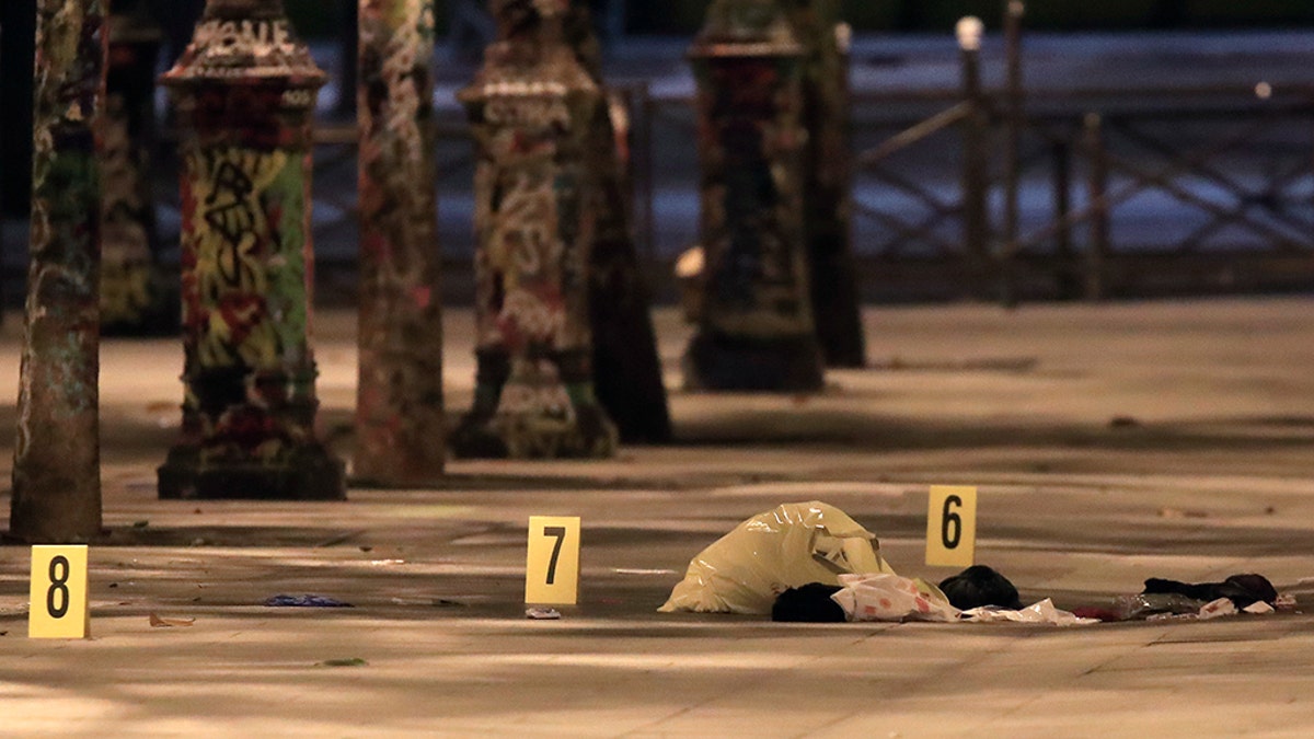 vidences are seen on the pavement after seven people were wounded in knife attack downtown Paris, France, September 10, 2018. REUTERS