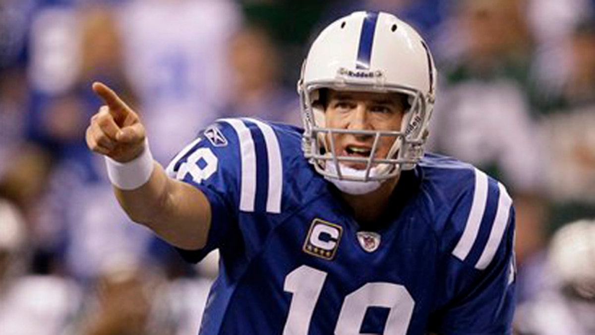 FILE: Indianapolis Colts quarterback Peyton Manning calls out at the line of scrimmage during an AFC wild card game in the NFL football playoffs against the New York Jets in Indianapolis.