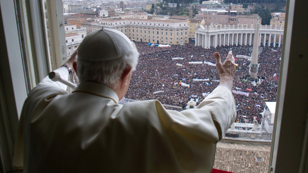 In this photo provided by the Vatican newspaper L'Osservatore Romano, Pope Benedict XVI delivers his blessing during his last Angelus noon prayer, from the window of his studio overlooking St. Peter's Square, at the Vatican, Sunday, Feb. 24, 2013. Benedict XVI gave his pontificate's final Sunday blessing from his studio window to the cheers of tens of thousands of people packing St. Peter's Square, but sought to reassure the faithful that he wasn't abandoning the church by retiring to spend his final years in prayer. The 85-year-old Benedict is stepping down on Thursday evening, the first pope to do so in 600 years, after saying he no longer has the mental or physical strength to vigorously lead the world's 1.2 billion Catholics. (AP Photo/L'Osservatore Romano, ho)