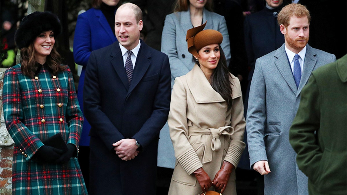 Britain's Catherine, Duchess of Cambridge, Prince William, Duke of Cambridge, Meghan Markle and Prince Harry leave St Mary Magdalene's church after the Royal Family's Christmas Day service on the Sandringham estate in eastern England, Britain, December 25, 2017. REUTERS/Hannah McKay - RC117DF76700