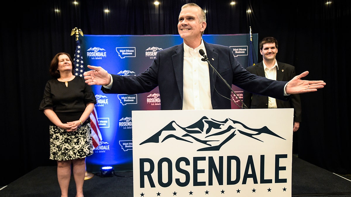 FILE - In this June 5, 2018 file photo, Matt Rosendale addresses supporters in Helena, Mont., after winning the Republican nomination for the U.S. Senate. Rosendale will challenge Democratic incumbent Jon Tester in November. After an expensive four-way primary Rosendale is lagging far behind Tester in campaign cash. (Thom Bridge/Independent Record via AP, File)