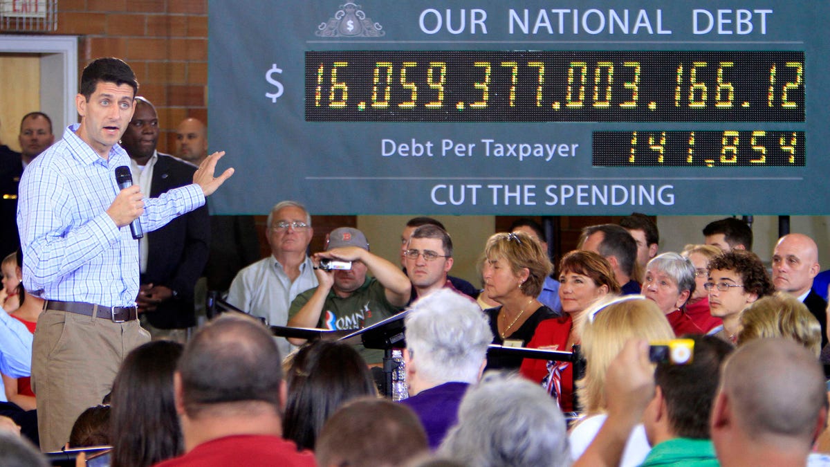 FILE: Sept. 18, 2012: GOP vice presidential nominee Rep. Paul Ryan, R-Wis., campaigns in Dover, N.H., with the national debt clock on stage.
