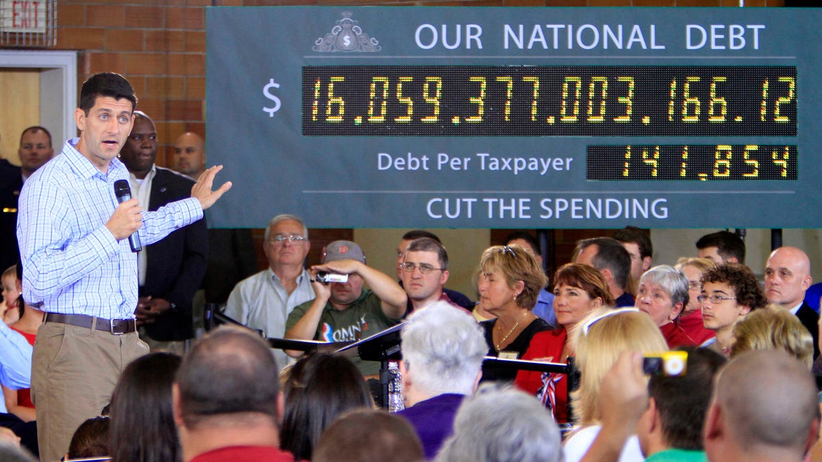 FILE: Sept. 18, 2012: GOP vice presidential nominee Rep. Paul Ryan, R-Wis., campaigns in Dover, N.H., with the national debt clock on stage.