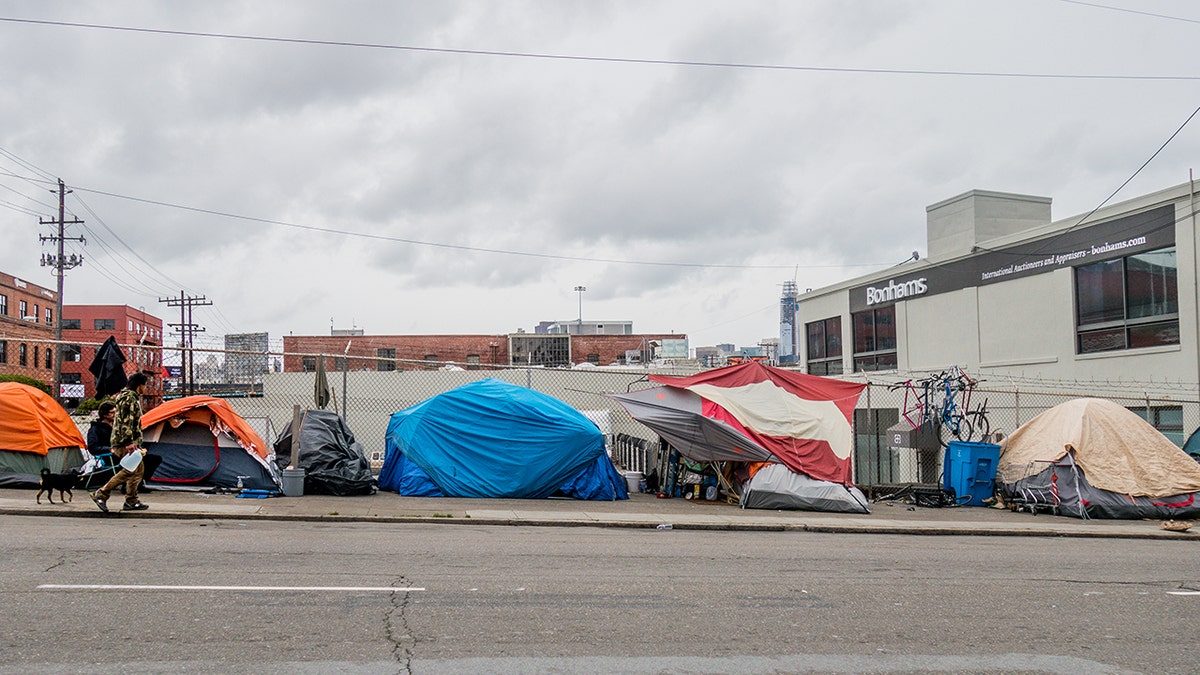 Homeless tents line city streets in San Francisco. Homeless community creates a camp with all their suitcases, tents, sleeping bags and precious belongings.