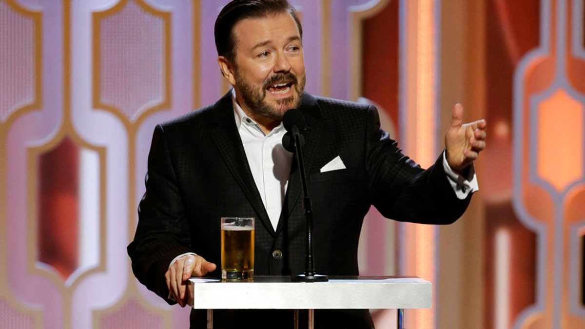In this image released by NBC, host Ricky Gervais appears at the 73rd Annual Golden Globe Awards at the Beverly Hilton Hotel in Beverly Hills, Calif., on Sunday, Jan. 10, 2016.