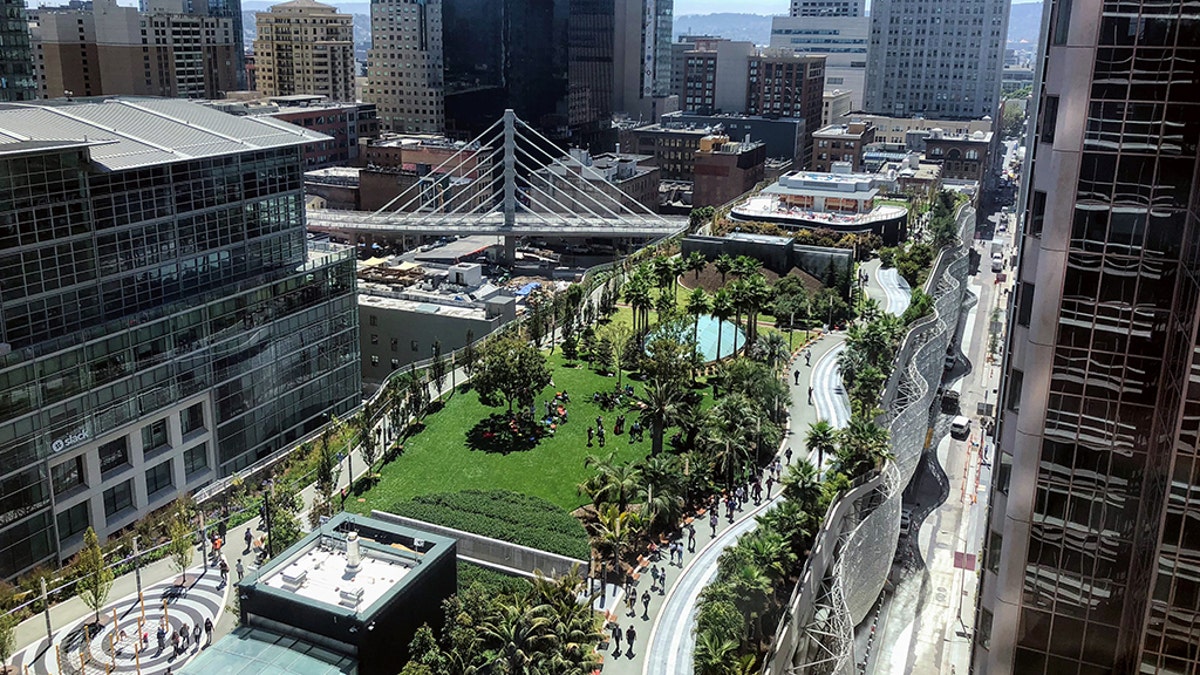 The rooftop park atop the Transbay Transit Center in San Francisco, as seen from Salesforce Tower