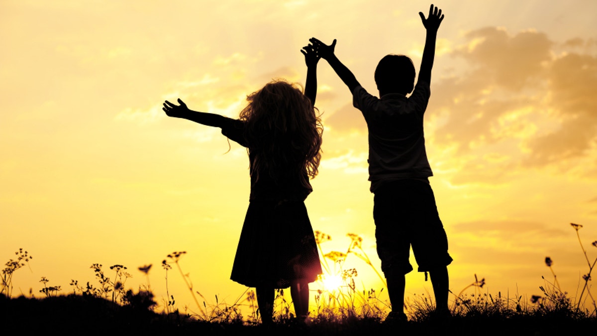 Silhouette, group of happy children playing on meadow, sunset, summertime