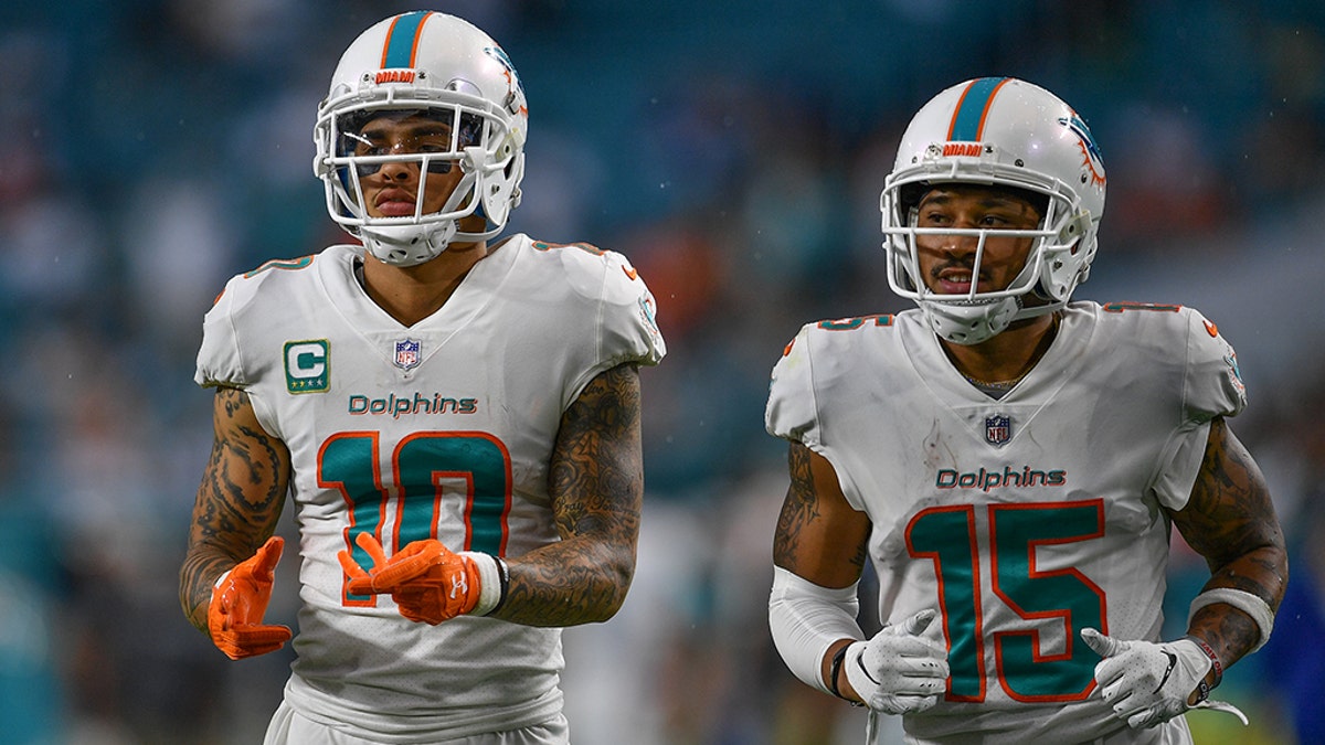 Kenny Stills #10 and Albert Wilson #15 of the Miami Dolphins