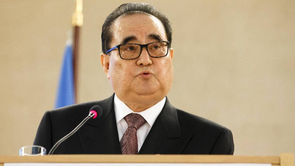 Ri Su Yong, Minister for Foreign Affairs of North Korea, addresses his statement during the Human Rights Council at the European headquarters of the United Nations in Geneva, Switzerland, Tuesday, March 3, 2015. (AP Photo/Keystone, Salvatore Di Nolfi)