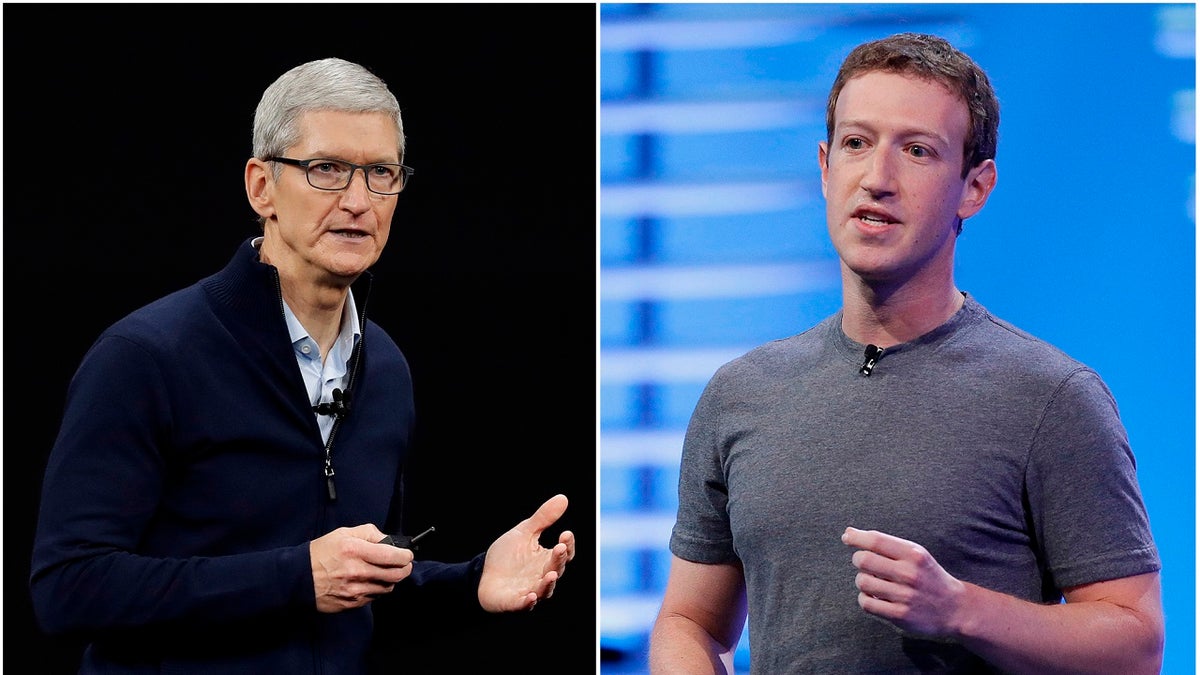 In this combo of file photos, Apple CEO Tim Cook speaks on the new Apple campus on Sept. 12, 2017, in Cupertino, Calif., left, and Facebook CEO Mark Zuckerberg speaks at the F8 Facebook Developer Conference on April 12, 2016, in San Francisco, right. On Wednesday, March 28, 2018, Cook said his company wouldnât be in the situation that Facebook finds itself in because it doesnât sell ads based on customer data like Facebook does. Zuckerberg responded in a podcast on Monday, April 2, saying that the idea that Facebook doesnât care about its customers is âextremely glib.â (AP Photo/Eric Risberg, File)