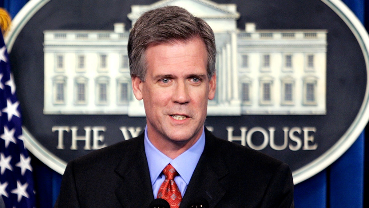 Tony Snow speaks to reporters after U.S. President George W. Bush announced that Snow would serve as the new White House press secretary in the briefing room of the White House in Washington April 26, 2006. Snow, a Fox News Radio host, replaced Scott McClellan who announced his resignation last week as part of a staff shake-up engineered by new White House Chief of Staff Josh Bolten aimed at reviving Bush's presidency. REUTERS/Kevin Lamarque - GM1DSLXXSKAA