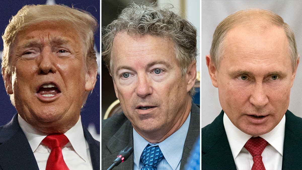 Rand Paul, Donald Trump and Vladimir Putin. AP photos