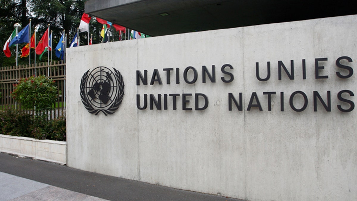 GENEVA - JUNE 08: The United Nations emblem is seen in front of the United Nations Office (UNOG) on June 8, 2008 in Geneva, Switzerland. Housed at the Palais des Nations, the United Nations Office at Geneva serves as the representative office of the Secretary-General at Geneva. A focal point for multilateral diplomacy, UNOG services more than 8,000 meetings every year, making it one of the busiest conference centres in the world. With more than 1,600 staff, it is the biggest duty stations outside of United Nations headquarters in New York. (Photo by Johannes Simon/Getty Images)