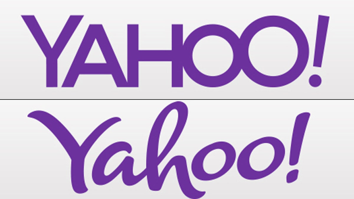 The first two proposed new logos for Yahoo, which plans to unveil a new logo every day for 30 days before settling on a final version.