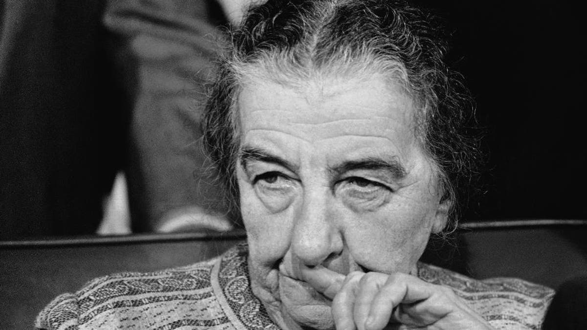 File - In this Wednesday, October 31, 1973 file photo, Israeli Premier Golda Meir holds a news conference at Dulles International Airport near Washington after she arrived in the United States for talks with President Richard Nixon. Israel's first and only female prime minister, she served between 1969 and 1974. (AP Photo/Charles Bennett, File)