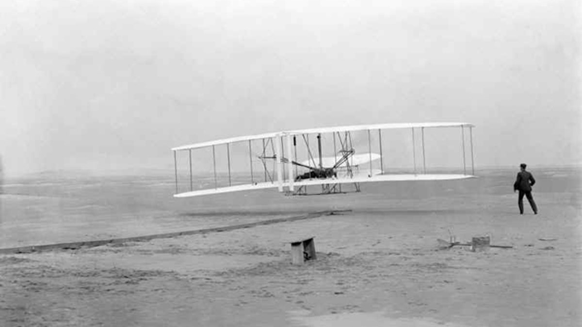 Dec. 17 1903: The first flight by Wright brothers Ovrville and Wilbur, at Kitty Hawk, North Carolina.