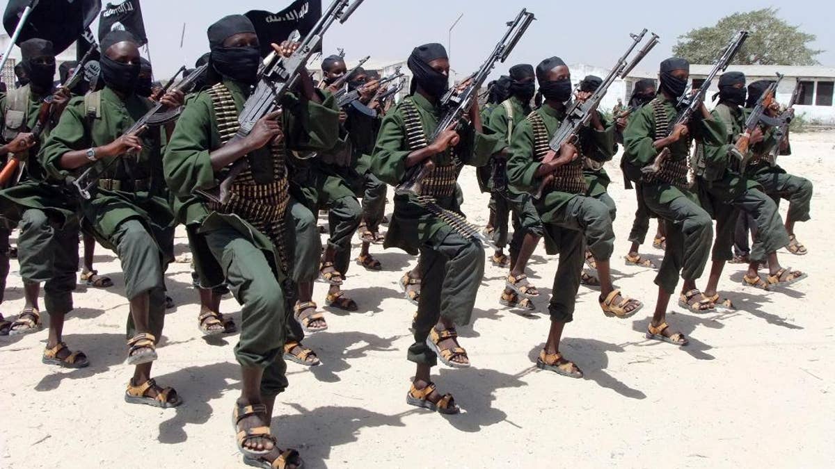 al-Shabab fighters perform military exercises