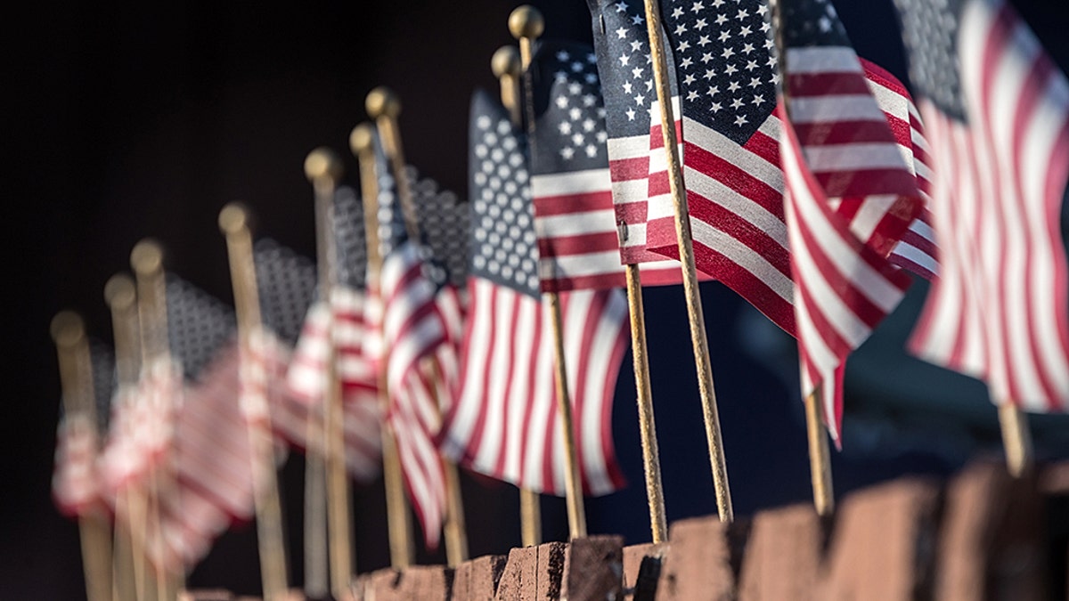 Small US flags in a row