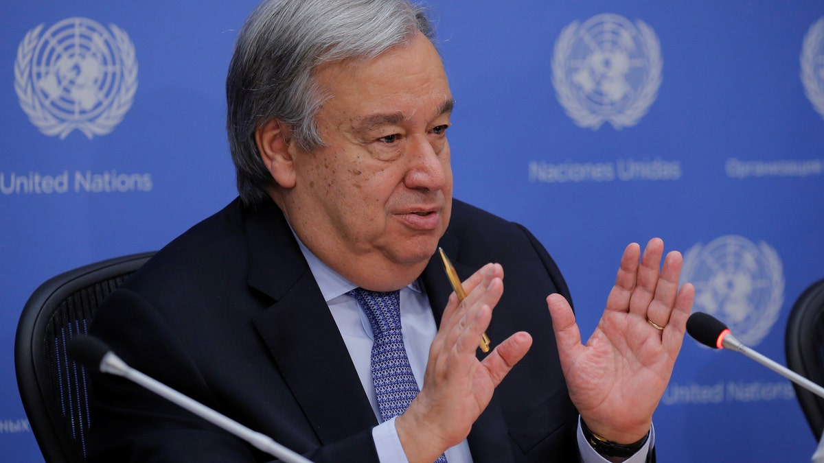 United Nations Secretary-General Antonio Guterres takes part in a news conference at the United Nations headquarters in New York, U.S., June 20, 2017. REUTERS/Lucas Jackson - RTS17WQU