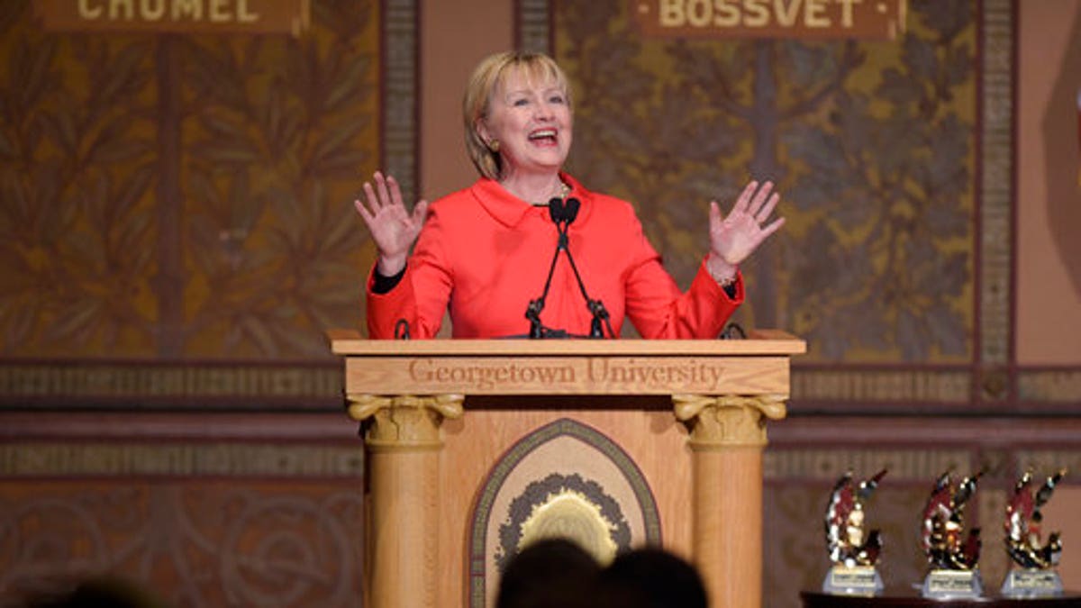 Former Secretary of State Hillary Clinton speaks at Georgetown University in Washington, Friday, March 31, 2017, on the important role that women can play in international politics and peace building efforts. (AP Photo/Susan Walsh)