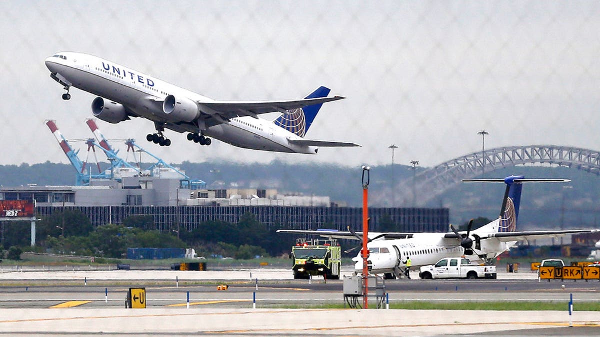 FILE - In this July 25, 2013, file photo, a United Airlines plane takes off from Newark Liberty International Airport, in Newark, N.J. United Airlines told KHOU-TV in Houston that a flight from Houston to Ecuador was delayed on May 11, 2017, after a scorpion was reported aboard the plane. (AP Photo/Julio Cortez, File)