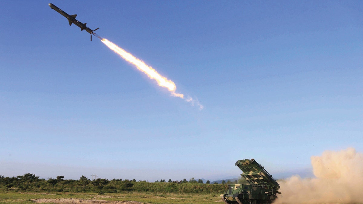 This undated photo distributed on Friday, June 9, 2017, by the North Korean government, shows a test of a new type of cruise missile launch at an undisclosed location in North Korea. Independent journalists were not given access to cover the event depicted in this image distributed by the Korean Central News Agency via Korea News Service. North Korea said Friday it has test-launched a new type of cruise missile capable of striking U.S. and South Korean warships 