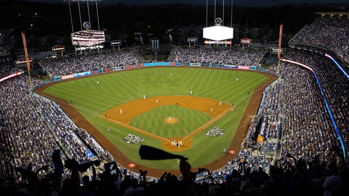 Dodgers Stadium is seen during the fourth inning of Game 2 of baseball's World Series between the Houston Astros and the Los Angeles Dodgers Wednesday, Oct. 25, 2017, in Los Angeles. (AP Photo/Tim Donnelly)