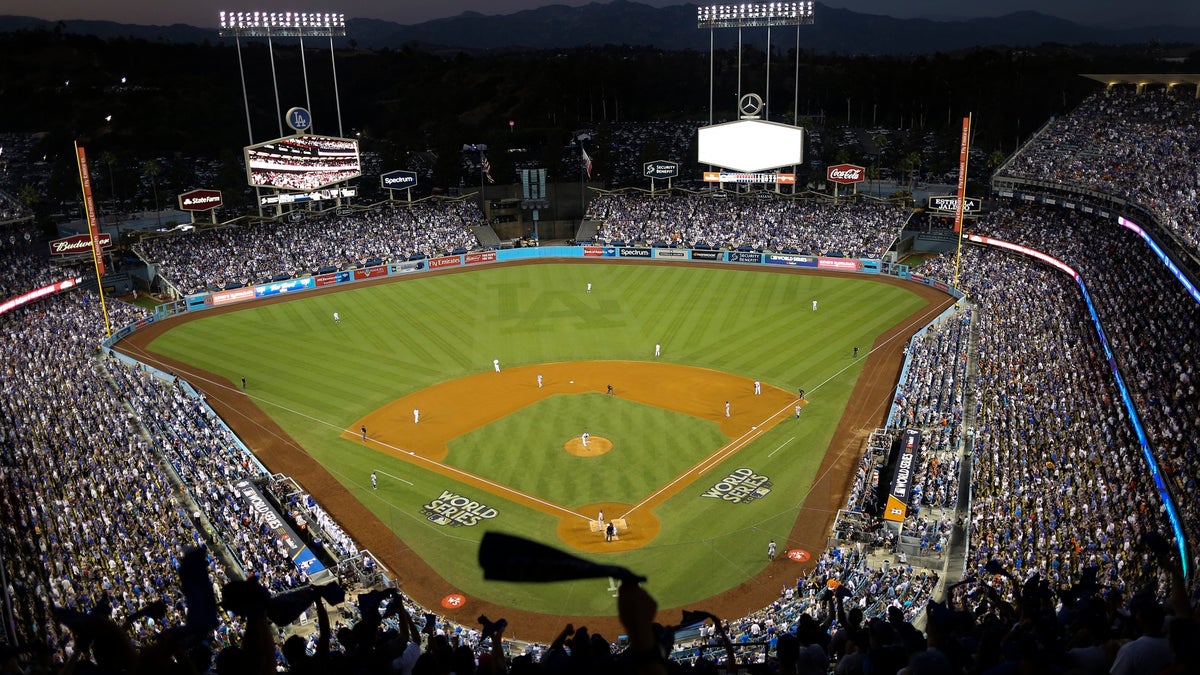 Dodgers Stadium is seen during the fourth inning of Game 2 of baseball's World Series between the Houston Astros and the Los Angeles Dodgers Wednesday, Oct. 25, 2017, in Los Angeles. (AP Photo/Tim Donnelly)