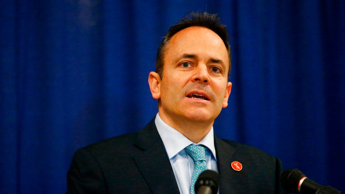 FILE - In this Jan. 12, 2018, file photo, Kentucky Gov. Matt Bevin speaks at the Capitol Rotunda in Frankfort, Ky. Gov. Bevin announced Monday, April 9, 2018, that he will veto a tax increase and 2-year operating budget GOP legislature approved in part for education. (Alex Slitz/Lexington Herald-Leader via AP, File)