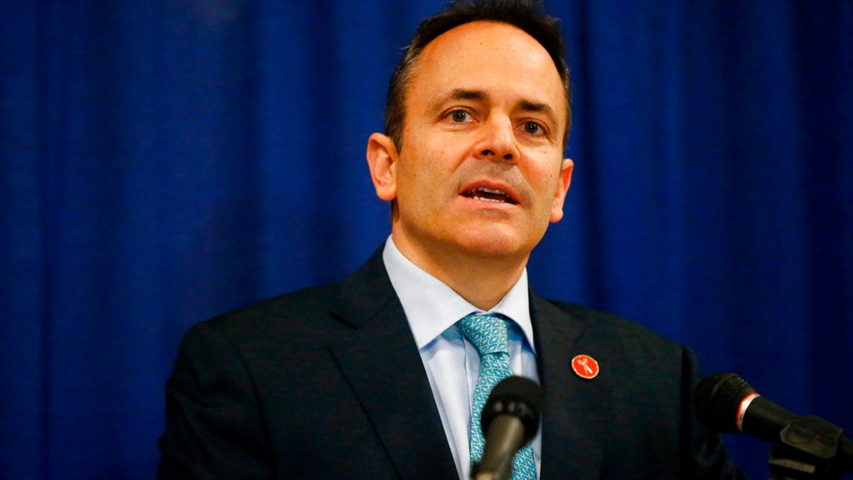 FILE - In this Jan. 12, 2018, file photo, Kentucky Gov. Matt Bevin speaks at the Capitol Rotunda in Frankfort, Ky. Gov. Bevin announced Monday, April 9, 2018, that he will veto a tax increase and 2-year operating budget GOP legislature approved in part for education. (Alex Slitz/Lexington Herald-Leader via AP, File)