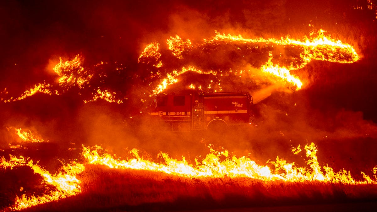 Flames from a backfire burn around a fire truck battling the Delta Fire in the Shasta-Trinity National Forest, Calif., on Thursday, Sept. 6, 2018. (AP Photo/Noah Berger)