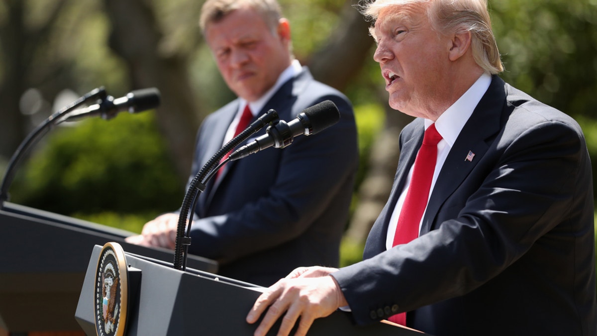 President Donald Trump and Jordan's King Abdullah II hold a news conference in the Rose Garden at the White House in Washington, Wednesday, April 5, 2017. (AP Photo/Andrew Harnik)