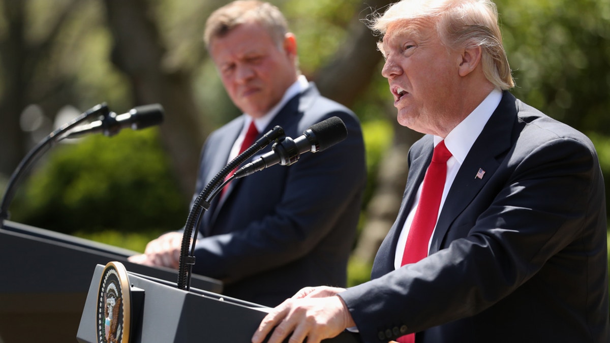 President Donald Trump and Jordan's King Abdullah II hold a news conference in the Rose Garden at the White House in Washington, Wednesday, April 5, 2017. (AP Photo/Andrew Harnik)