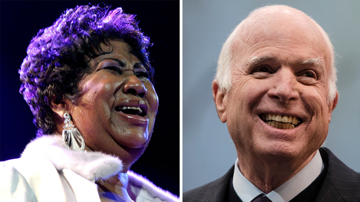 Aretha Franklin and John McCain. AP photos
