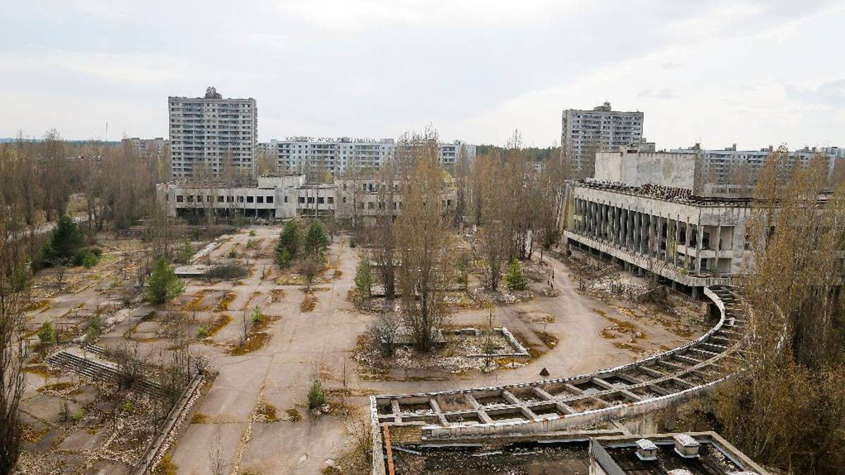 This photo taken Wednesday, April 5, 2017, shows a central square in the deserted town of Pripyat, some 3 kilometers (1.86 miles) from the Chernobyl nuclear power plant Ukraine. Once home to some 50,000 people whose lives were connected to the Chernobyl nuclear power plant, Pripyat was hastily evacuated one day after a reactor at the plant 3 kilometers (2 miles away) exploded on April 26, 1986. The explosion and the subsequent fire spewed a radioactive plume over much of northern Europe. (AP Photo/Efrem Lukatsky)