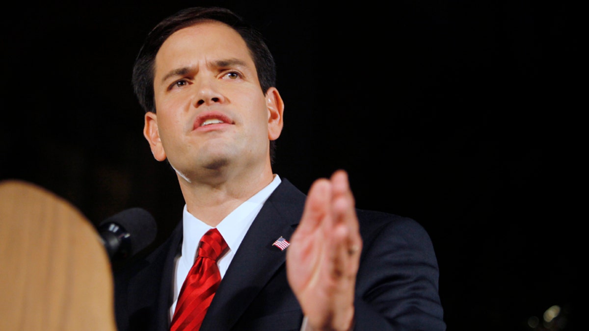 In this photo taken Nov. 2, 2010, Republican Marco Rubio speaks after winning his U.S. Senate bid in Coral Gables, Fla. Rubio, 39, a breakout star of the 2010 election and a favorite of the tea party, has taken on Senate leaders over Libya and voiced concerns over the national debt in a high-profile editorial. (AP Photo/Lynne Sladky)