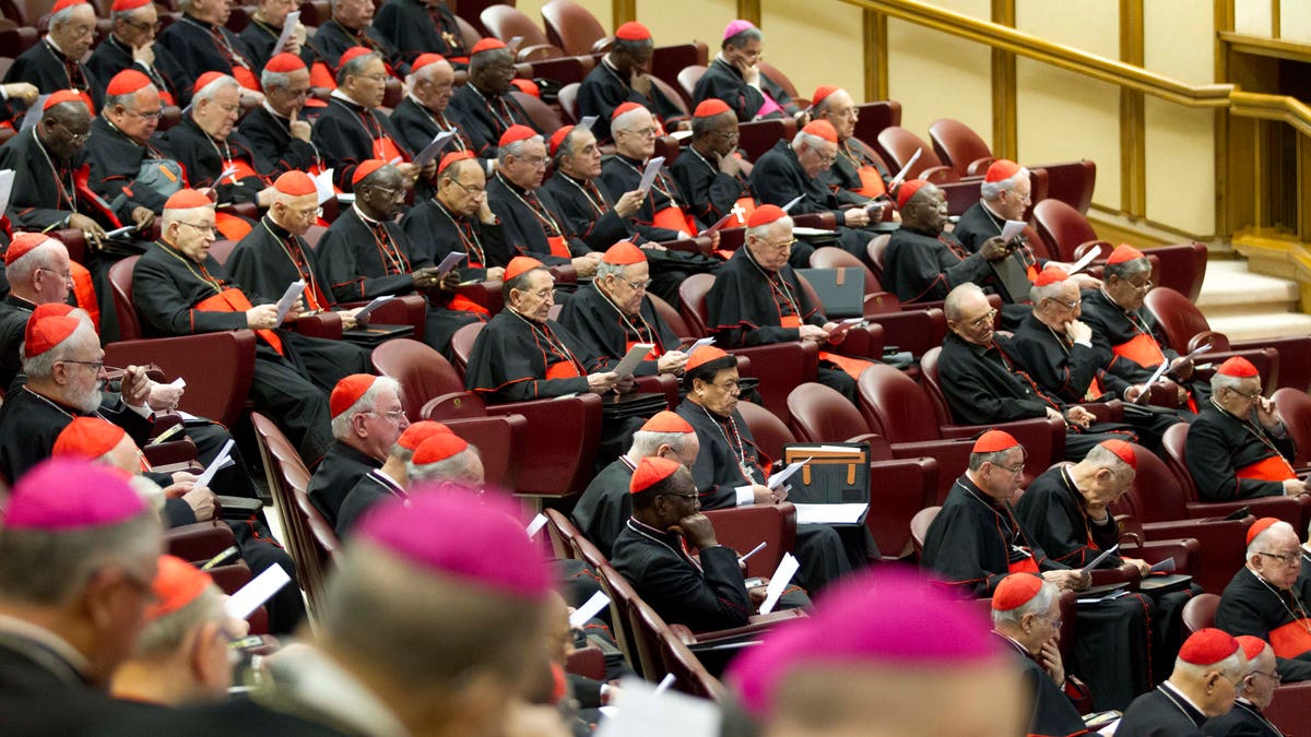 Cardinals and bishops listen to Pope Francis' speech as they attend a special consistory, in the Synod hall at the Vatican, Thursday, Feb. 12, 2015. Pope Francis met with cardinals and bishops who will take part in the upcoming Feb. 14, 2015 consistory during which he will elevate 20 new cardinals. Pope Francis is urging his cardinals to cooperate with his reform of the outdated and dysfunctional Vatican bureaucracy, saying the overhaul will help him govern the 1.2-billion-strong Catholic Church better and spread the faith more effectively. Francis summoned cardinals from around the world to hear proposals for revamping the church's central government. The proposals include merging offices and reducing waste. Opening the meetings Thursday, Francis said the aim was to encourage greater harmony and collaboration in "absolute transparency," to help the church spread the faith and reach out to others. (AP Photo/Andrew Medichini)