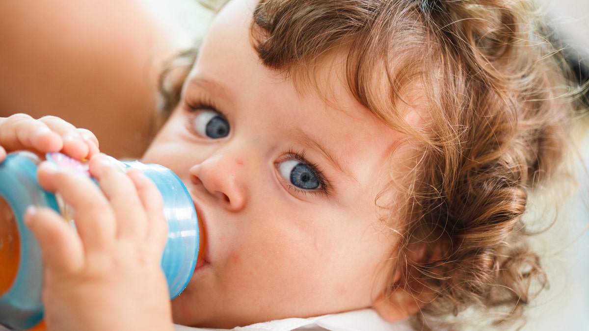 Close-up portrait of cute baby boy with blue eyes and brown curly hair drinking milk or juice from bottle.