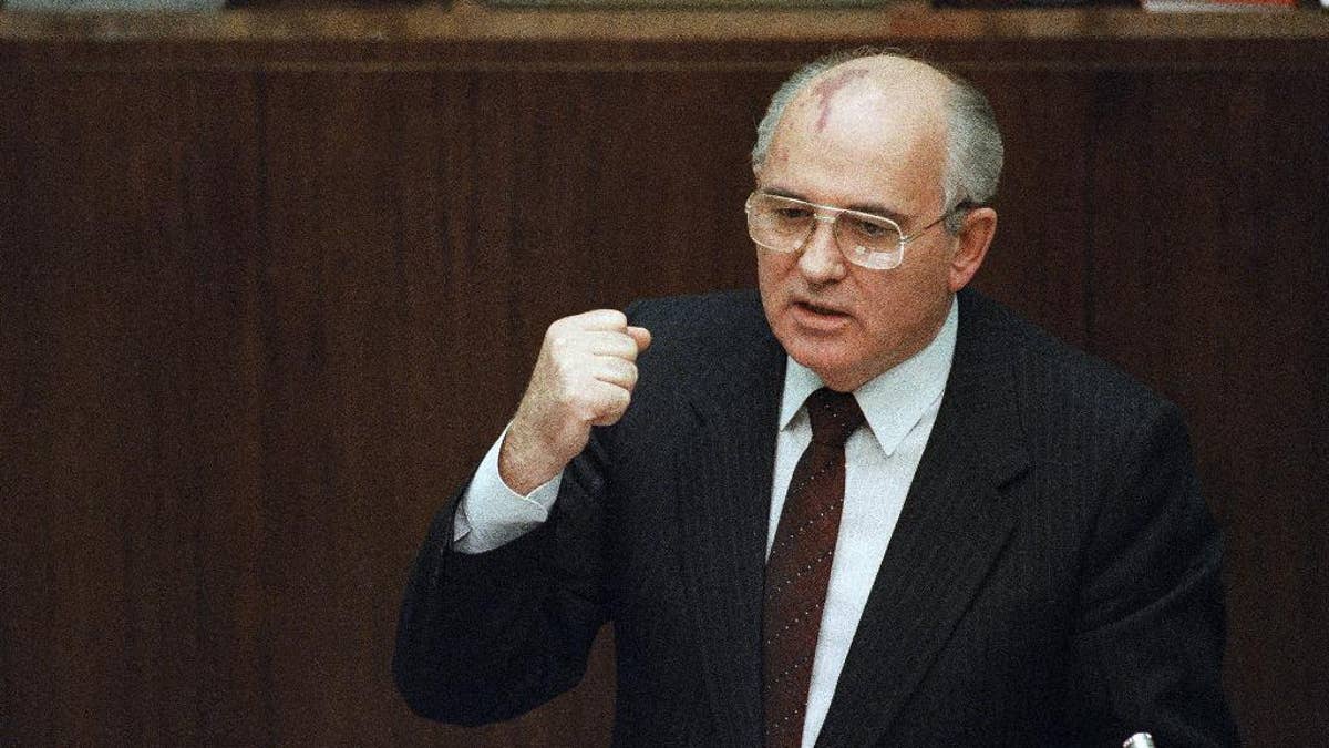 FILE - In this Jan. 14, 1991 file photo, Soviet President Mikhail Gorbachev says in Moscow that a local military commander ordered the use of force in the breakaway republic of Lithuania, where an assault by Soviet troops on Jan. 13, 1991 claimed 14 lives. On Monday, Oct. 17, 2016, a Lithuanian court has called on Gorbachev to testify in a mass trial related to the 1991 crackdown on the country’s independence movement. (AP Photo/Boris Yurchenko, File)