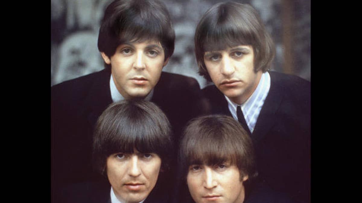 The Beatles are shown on an album cover in 1965. Clockwise, from top left, are: Paul McCartney, Ringo Starr, John Lennon, and George Harrison. 