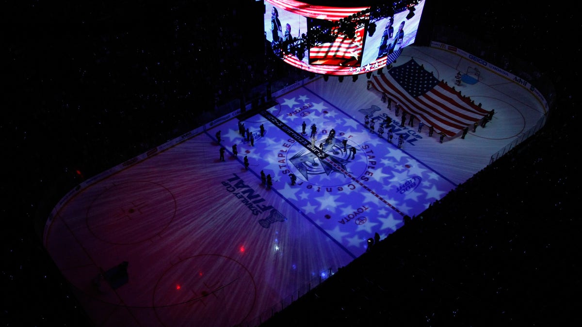 LOS ANGELES, CA - JUNE 04:  A general view of the  ice surface during the singing of the National Anthem prior to Game Three of the 2012 Stanley Cup Final between the New Jersey Devils and the Los Angeles Kings at Staples Center on June 4, 2012 in Los Angeles, California.  (Photo by Jeff Gross/Getty Images)
