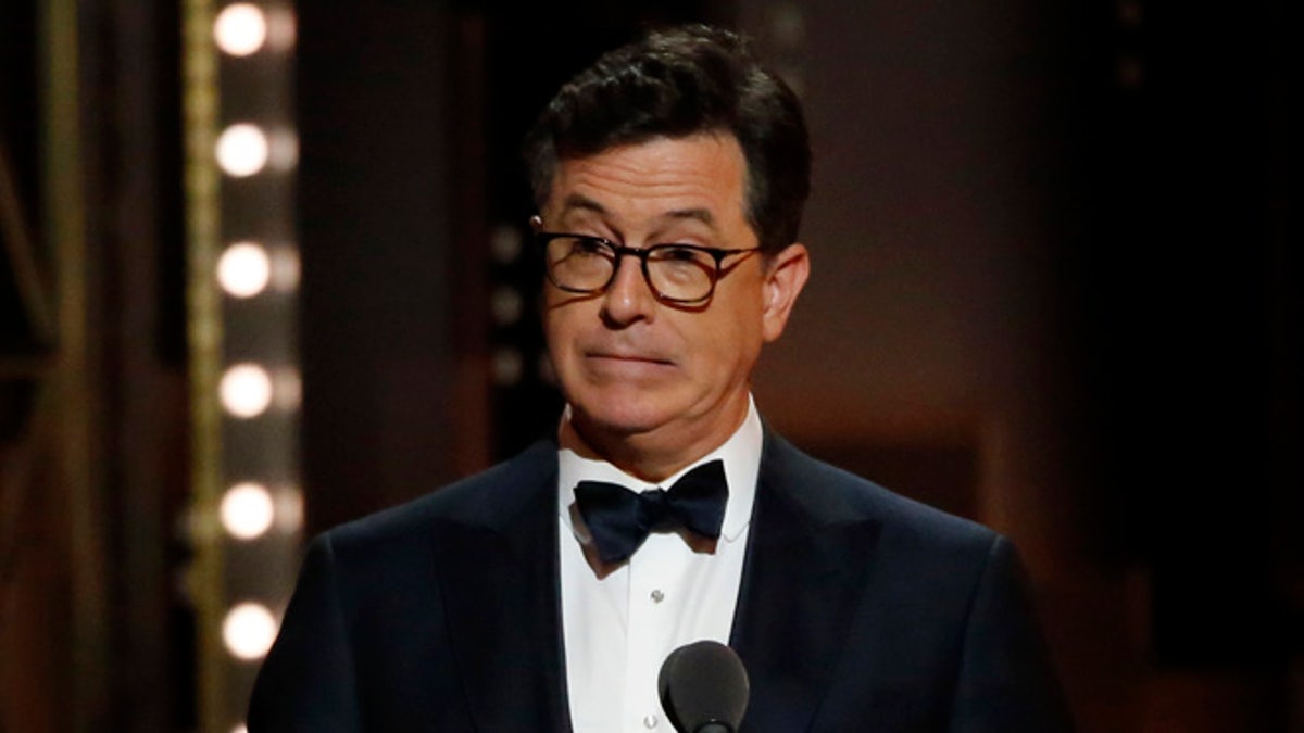 71st Tony Awards  Show  New York City, U.S., 11/06/2017 - Stephen Colbert reacts to the audience's reaction to a joke about President Trump. REUTERS/Carlo Allegri - RTS16MYB