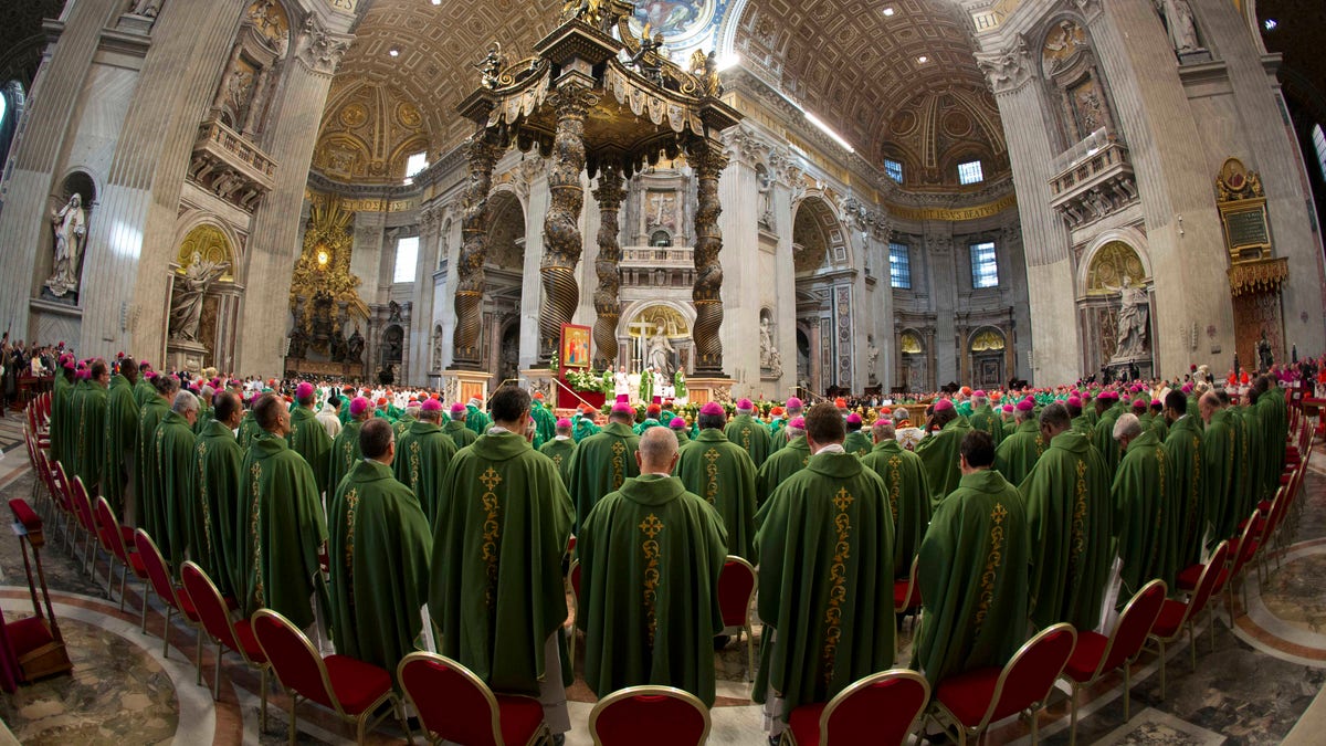 In this photo taken with a fish-eye lens Pope Francis celebrates a Mass to mark the end of the Synod of bishops, in St. Peter's Basilica at the Vatican, Sunday, Oct. 25, 2015. Catholic bishops called for a more welcoming church for cohabitating couples, gays and Catholics who have divorced and civilly remarried, endorsing Pope Francis' call for a more merciful and less judgmental church. (AP Photo/Alessandra Tarantino)