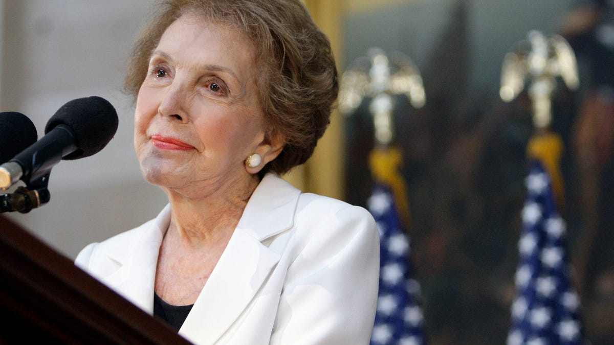 FILE - In this June 3, 2009, file photo, former first lady Nancy Reagan speaks in the Capitol Rotunda in Washington, during a ceremony to unveil a statue of President Ronald Reagan. The former first lady has died at 94, The Associated Press confirmed Sunday, March 6, 2016. (AP Photo/Alex Brandon, File)