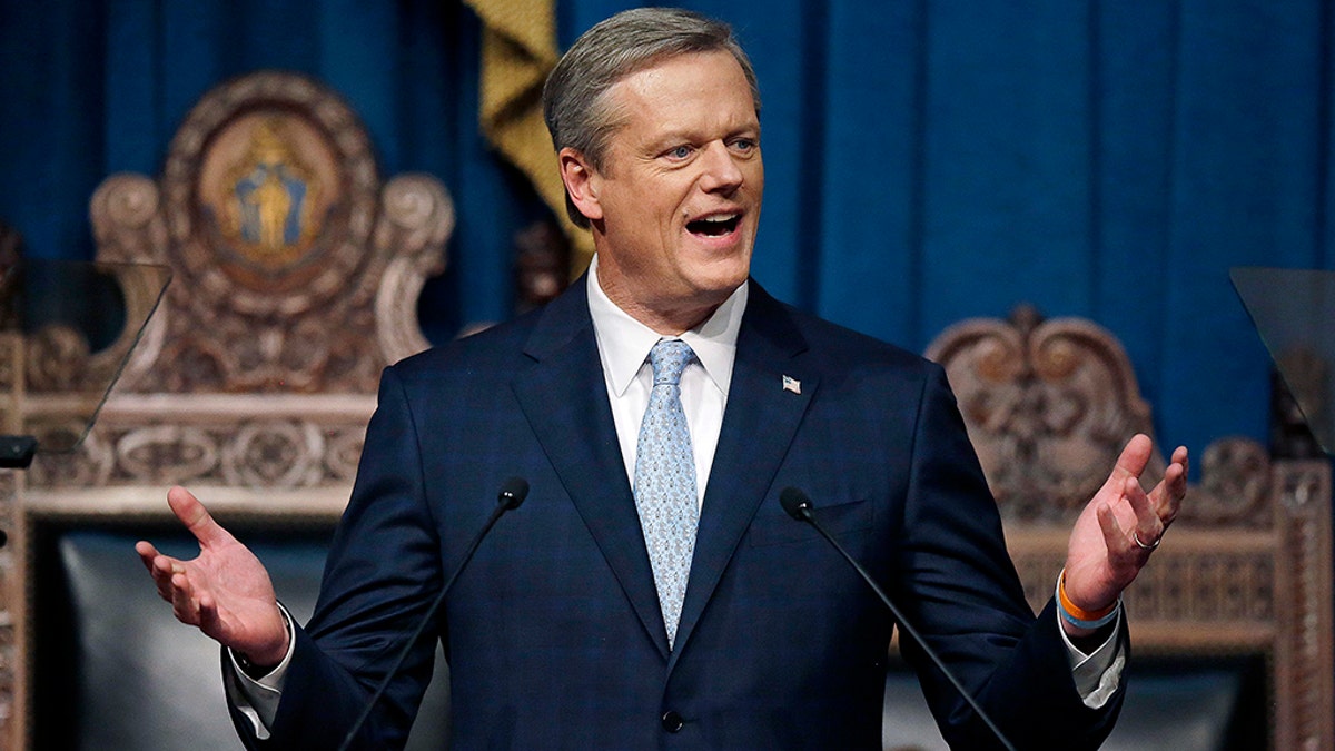FILE - In this Jan. 23, 2018 file photo, Massachusetts Gov. Charlie Baker delivers his state of the state address in the House Chamber in Boston. Some polls rank Baker, a Republican in one of the nation's most liberal-leaning states, as the most popular governor in the country. (AP Photo/Stephan Savoia, File)